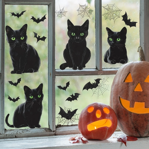 Halloween Window Stickers Cartoon Black Cat Bat Spider Web PVC Static Cling Decals For Glass Holiday Home Party Decorations