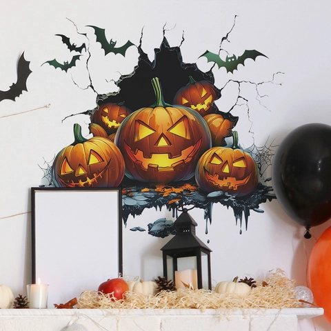 3D Halloween Pegatina de Pared PVC Pared Rota Calabaza Murciélago Calcomanía Realista Festiva Hogar Sala de Estar Decoración