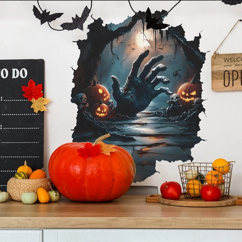 3D Halloween Wall Sticker Horror Zombie Hand Breaking Wall PVC Pumpkin Skull Decal For Living Room Bedroom Party Decor