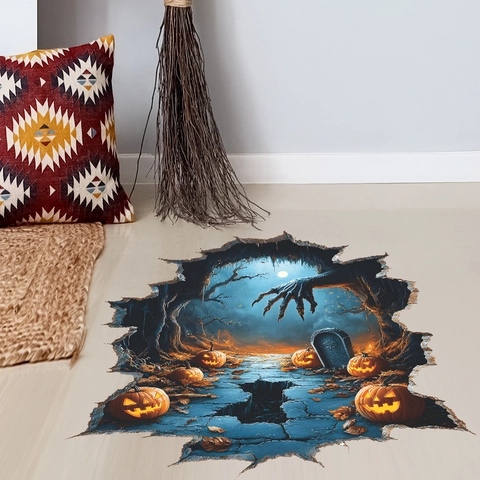 3D Halloween Geisterhand Kürbis Wandtattoo Wanddurchbruch Effekt Gruseliger Friedhof PVC Aufkleber Für Schlafzimmer Wohnzimmer Haus Dekoration