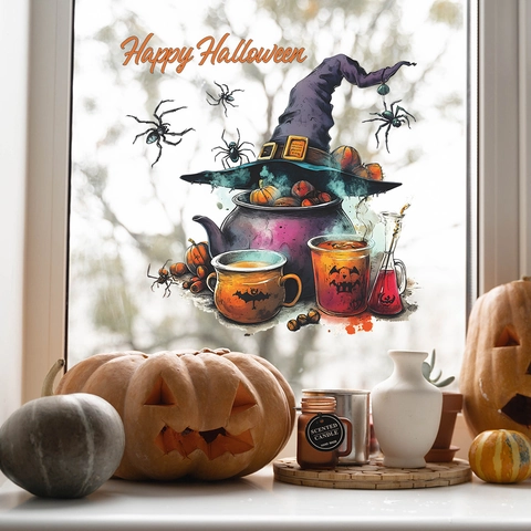 Halloween Hexe Zaubertrank Kessel Kürbis Fensterbilder Statische PVC Aufkleber Für Glasfenster Haus Party Festliche Atmosphäre Dekoration