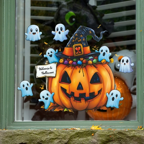 Halloween Cartoon Ghost Pumpkin Window Stickers Static Cling PVC Removable Glass Decals For Home Festive Party Decor