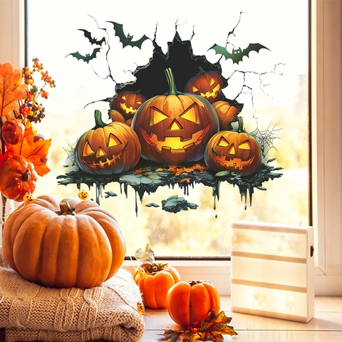 3D Halloween Pegatina de Pared PVC Pared Rota Calabaza Murciélago Calcomanía Realista Festiva Hogar Sala de Estar Decoración