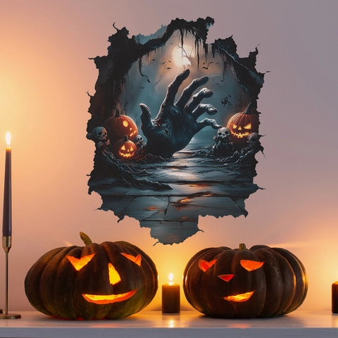 3D Halloween Wall Sticker Horror Zombie Hand Breaking Wall PVC Pumpkin Skull Decal For Living Room Bedroom Party Decor