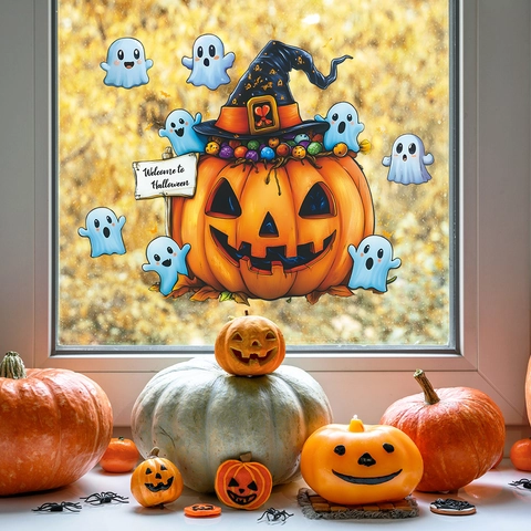 Halloween Cartoon Ghost Pumpkin Window Stickers Static Cling PVC Removable Glass Decals For Home Festive Party Decor