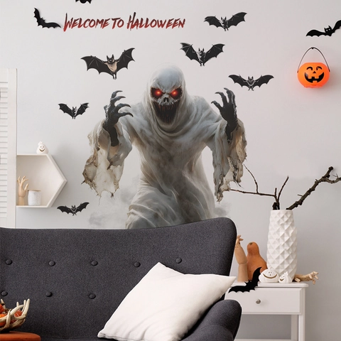 Halloween Geist Und Fledermaus Wandaufkleber PVC Abnehmbar Horror Atmosphäre Dekor Für Wohnzimmer Schlafzimmer Wand Deko