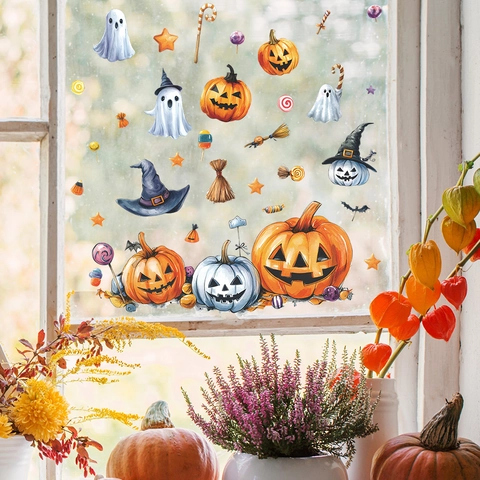 Halloween Pumpkin Ghost Witch Hat Window Static Sticker PVC Removable Decal For Home Balcony Party Decoration Multicolor