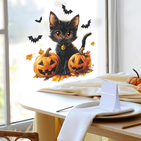 Halloween Statische Vensterstickers Cartoon Zwarte Kat Pompoen Vleermuis Esdoornblad Verwijderbare Glasstickers Voor Huis Feest Decoratie