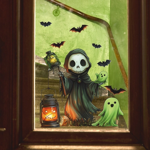 Halloween Static Window Sticker PVC Grim Reaper Ghost Bat Pumpkin Decals For Glass Window Showcase Home Holiday Decoration
