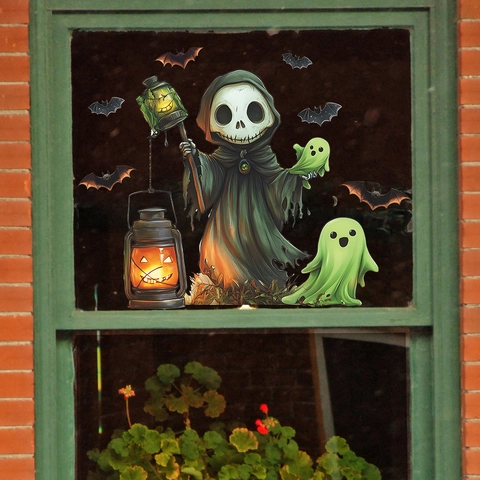 Halloween Static Window Sticker PVC Grim Reaper Ghost Bat Pumpkin Decals For Glass Window Showcase Home Holiday Decoration