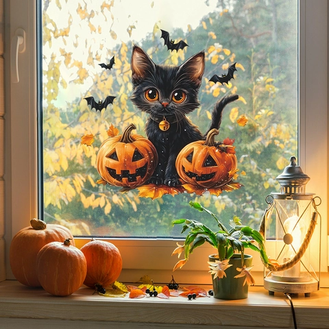 Halloween Statische Vensterstickers Cartoon Zwarte Kat Pompoen Vleermuis Esdoornblad Verwijderbare Glasstickers Voor Huis Feest Decoratie
