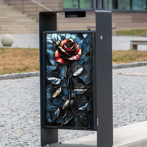Stained Glass Style Rose Trash Can Sticker PVC Waterproof Decorative Wall Decal For Outdoor Bin Home Kitchen Garden Decor