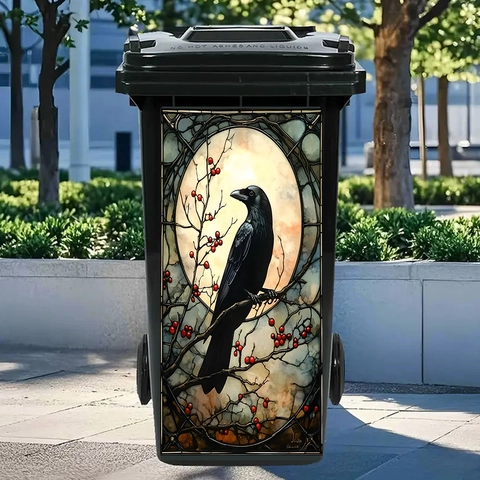 Glas-in-lood Stijl Kraai Vuilnisbak Sticker PVC Waterdicht Raaf Op Tak Decal Voor Buiten Vuilnisbak Decoratie