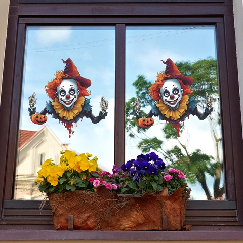 Gruseliger Halloween Clown Fensteraufkleber PVC Aufkleber Mit Kürbis Und Skeletthänden Für Zuhause Fenster Dekoration