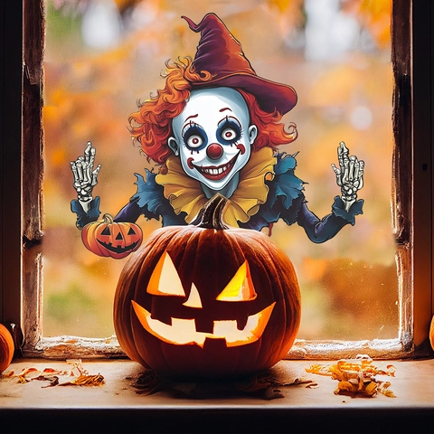 Gruseliger Halloween Clown Fensteraufkleber PVC Aufkleber Mit Kürbis Und Skeletthänden Für Zuhause Fenster Dekoration