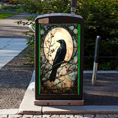 Glas-in-lood Stijl Kraai Vuilnisbak Sticker PVC Waterdicht Raaf Op Tak Decal Voor Buiten Vuilnisbak Decoratie