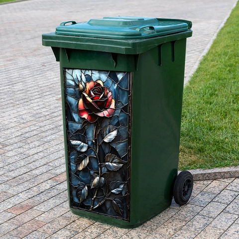 Stained Glass Style Rose Trash Can Sticker PVC Waterproof Decorative Wall Decal For Outdoor Bin Home Kitchen Garden Decor