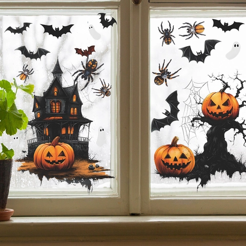 Halloween Fensterbilder Statisch Haftende PVC Aufkleber Kürbis Fledermaus Schloss Abnehmbare Glasaufkleber Für Deko