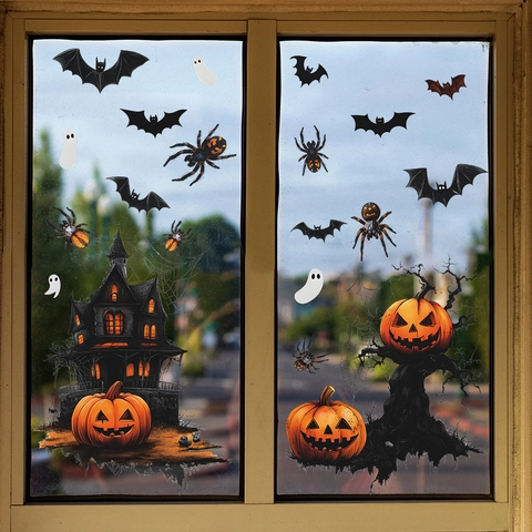 Halloween Fensterbilder Statisch Haftende PVC Aufkleber Kürbis Fledermaus Schloss Abnehmbare Glasaufkleber Für Deko