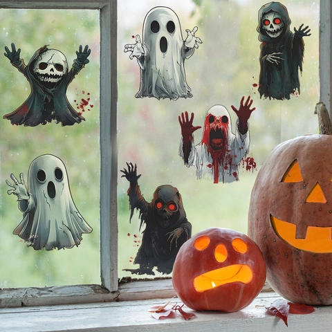 Halloween Cartoon Ghost Skeleton PVC Wall Stickers Spooky Ghost Face Blood Splatter Decals For Home Party Decoration
