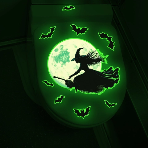 Adesivo da Parete Luminoso di Halloween Strega Che Vola Sulla Scopa e Modelli di Luna Bagliore Nel Buio PVC Decalcomania Per Casa