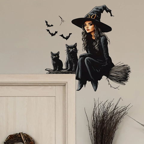 Halloween Cartoon Hexe Fledermaus Schwarze Katze Wandtattoo PVC Abnehmbarer Aufkleber Für Wohnzimmer Schlafzimmer Home Dekoration Mural