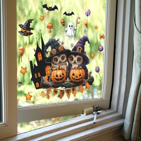 Halloween Fensterbilder PVC Statisch Eule Kürbis Geist Schloss Abnehmbar Klebefrei Feiertag Haus Deko Aufkleber