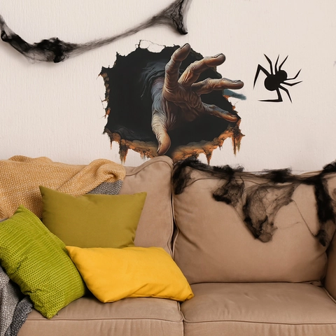 3D Halloween Zombie Hand Wall Sticker Realistic Broken Wall Effect Horror PVC Decal For Living Room Bedroom Home Decor