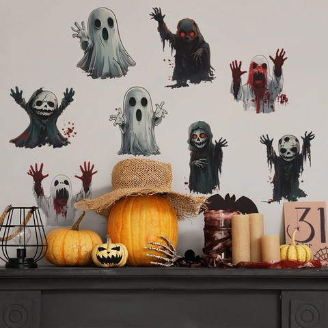 Halloween Cartoon Ghost Skeleton PVC Wall Stickers Spooky Ghost Face Blood Splatter Decals For Home Party Decoration