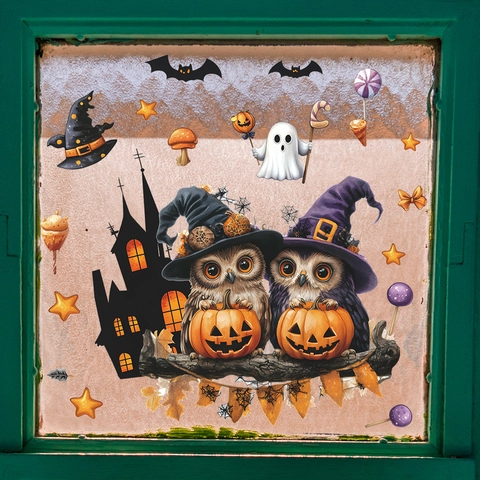 Halloween Fensterbilder PVC Statisch Eule Kürbis Geist Schloss Abnehmbar Klebefrei Feiertag Haus Deko Aufkleber