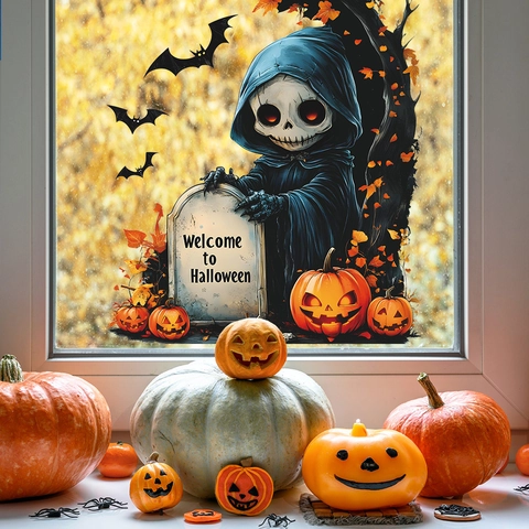 Adesivi per Finestre Statici di Halloween Tristo Mietitore Zucca PVC Decalcomanie in Vetro Rimovibili per Decorazione Finestra Casa