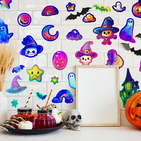 Adesivi Murali Laser Olografici di Halloween PVC Impermeabile Zucca Fantasma Pipistrello Castello Decalcomania Finestra Decorazione