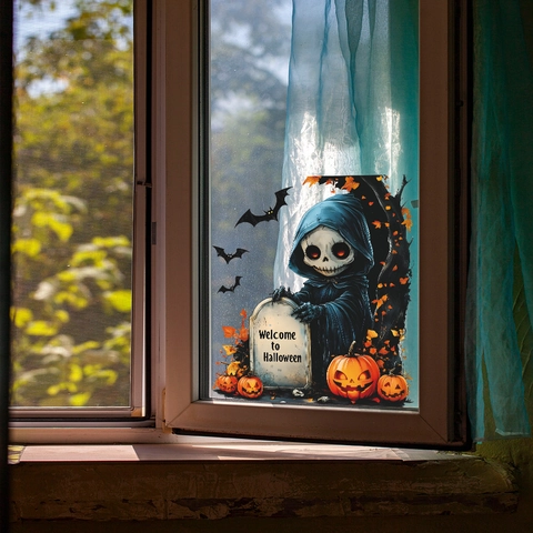 Adesivi per Finestre Statici di Halloween Tristo Mietitore Zucca PVC Decalcomanie in Vetro Rimovibili per Decorazione Finestra Casa
