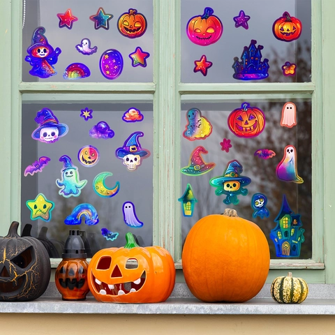 Adesivi Murali Laser Olografici di Halloween PVC Impermeabile Zucca Fantasma Pipistrello Castello Decalcomania Finestra Decorazione