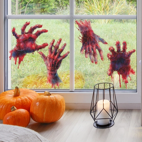 Halloween Horror Bloederige Handafdruk Venstersticker Realistische Rode Hand Decal Voor Feest Spookhuis Badkamer Home Decor