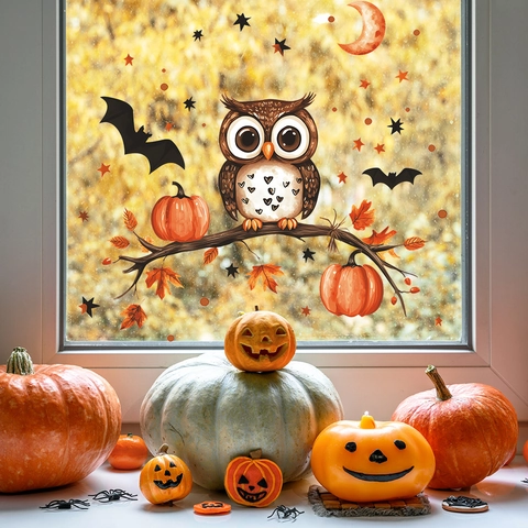 Halloween Statische Fensteraufkleber Cartoon Eule Kürbis Fledermaus PVC Aufkleber Für Haus Glas Fenster Dekoration Party