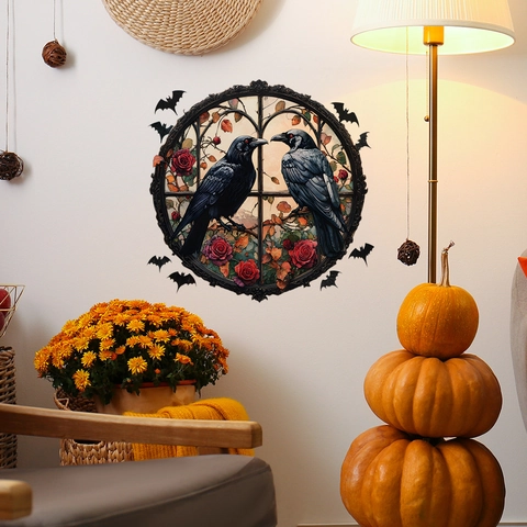 Halloween Gothic Round Window Sticker PVC Crow Red Rose Bat Decoration For Balcony Glass Window Festive Party Wall Decal