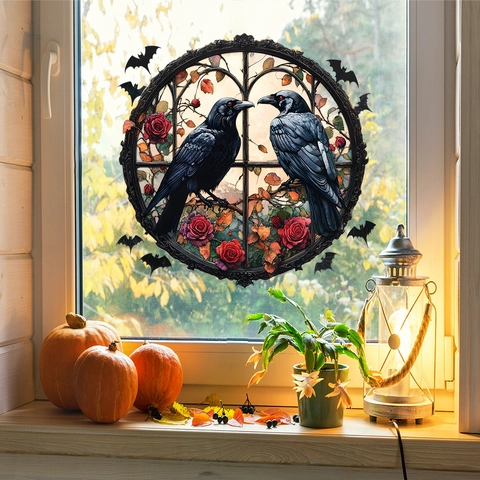 Halloween Gothic Round Window Sticker PVC Crow Red Rose Bat Decoration For Balcony Glass Window Festive Party Wall Decal