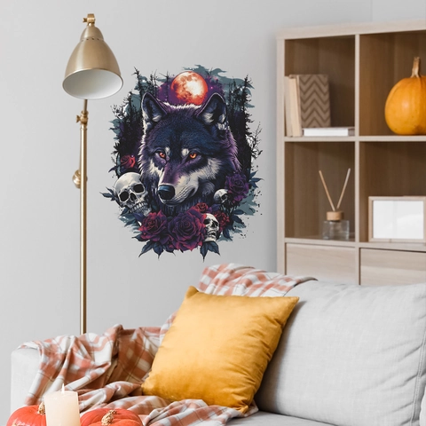 Gothic Fierce Wolf Skull Rose Wall Sticker PVC Spooky Forest Blood Moon Decorative Decal For Halloween Bedroom Living Room Decor