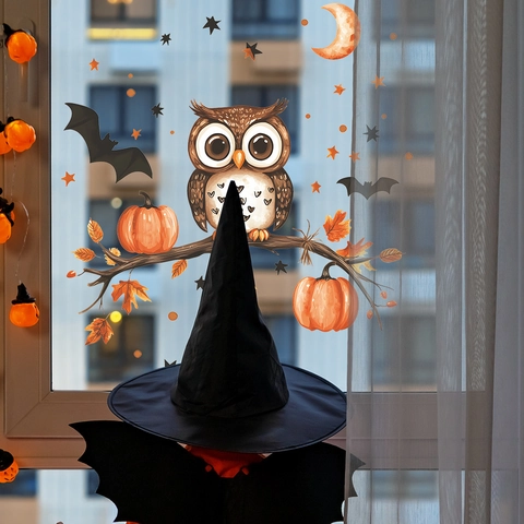 Halloween Statische Fensteraufkleber Cartoon Eule Kürbis Fledermaus PVC Aufkleber Für Haus Glas Fenster Dekoration Party