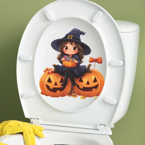 Adhesivo de Inodoro de Halloween Bruja Calabaza Removible PVC Dibujos Animados Niña Calcomanía de Pared para Baño Decoración Fiesta