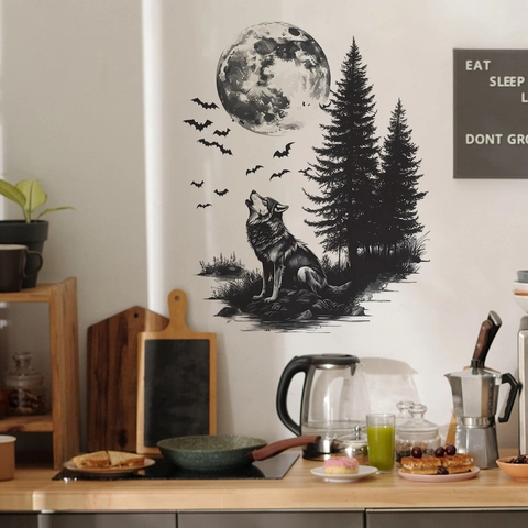 Wolf Huilend Naar De Maan Dennenbos Vleermuizen PVC Muursticker Verwijderbaar Zwart Silhouette Decor Voor Woonkamer Slaapkamer Halloween Achtergrond