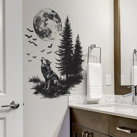 Wolf Huilend Naar De Maan Dennenbos Vleermuizen PVC Muursticker Verwijderbaar Zwart Silhouette Decor Voor Woonkamer Slaapkamer Halloween Achtergrond