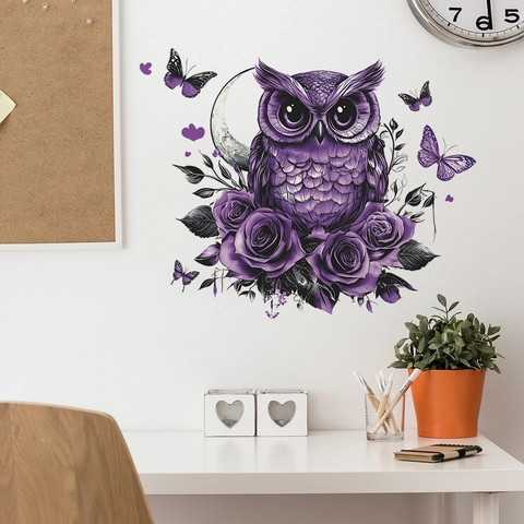 Purple Owl Flower Wall Stickers PVC Decorative Art Wall Decals For Living Room Bedroom Home Decor Butterfly Rose Moon Mural