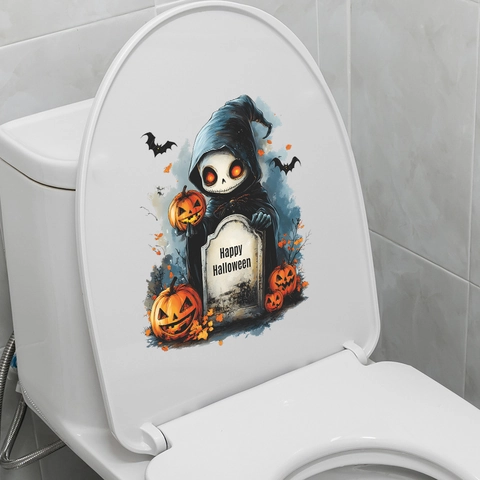 Halloween Toilet Sticker PVC Waterproof Cartoon Ghost Tombstone Bat Pumpkin Removable Bathroom Toilet Lid Decal Decoration
