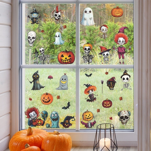 PVC Halloween Window Stickers With Skull Pumpkin Ghost Clown Bat Pattern For Glass Window Home Holiday Party Decor