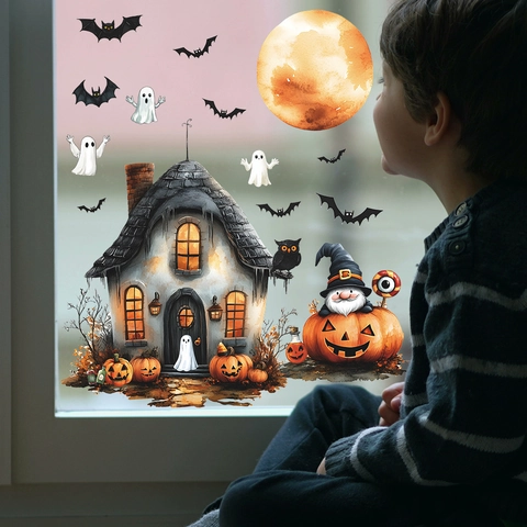 Pegatinas Estáticas de Ventana de Halloween de PVC Removibles Sin Pegamento Casa Embrujada Murciélago Calabaza para Decoración Ventanas