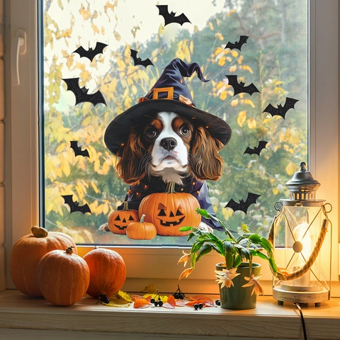 Halloween Adesivi Statici per Finestre Cane Zucca Cappello da Mago Cavalier Spaniel Pipistrelli Jack-O-Lantern Casa