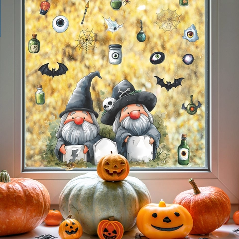 Adesivi per Finestre con Gnomi di Halloween in PVC Elettrostatici Rimovibili Pipistrello Ragnatela per Decorazione Casa