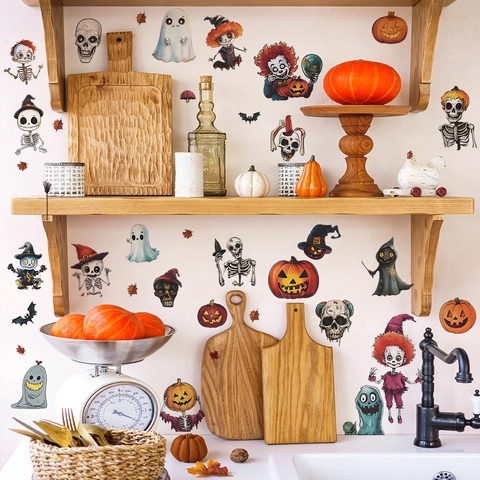 PVC Halloween Window Stickers With Skull Pumpkin Ghost Clown Bat Pattern For Glass Window Home Holiday Party Decor